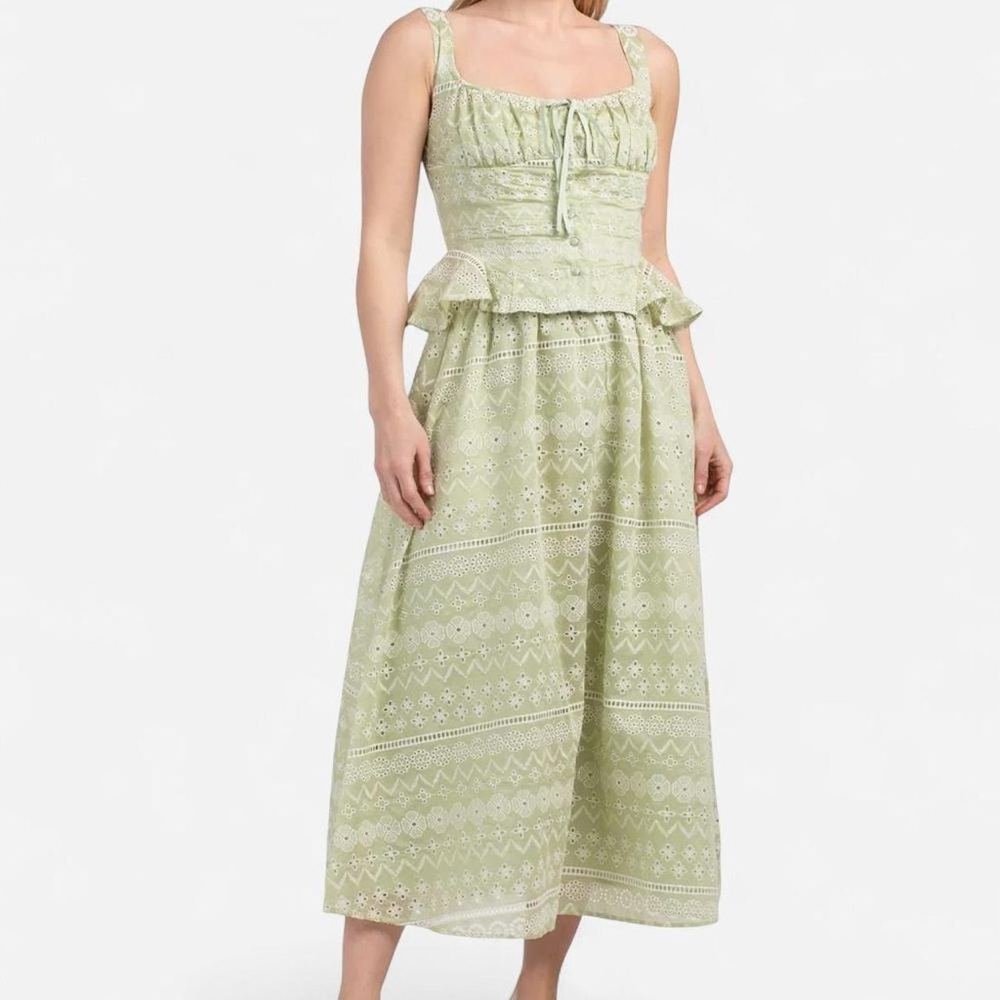 MOON RIVER Floral Embroidered Light Green Skirt and Peplum Top Set Small NWOT